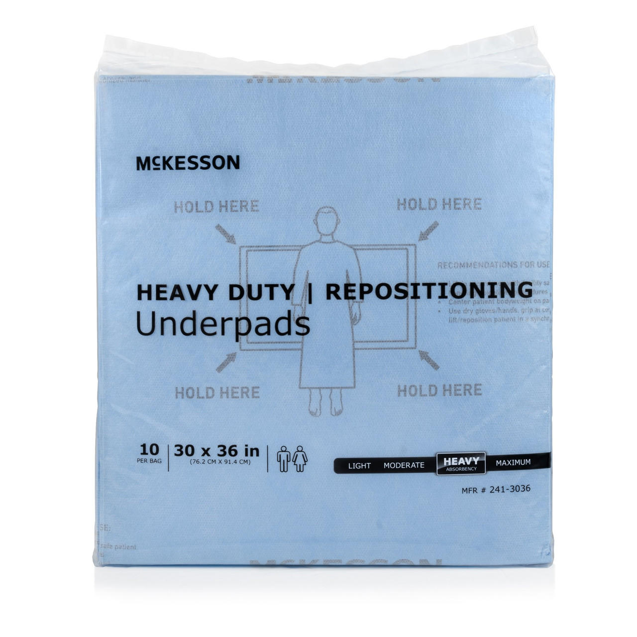 McKesson heavy-duty repositioning underpads, 30 x 36 in pack (10 per bag)
