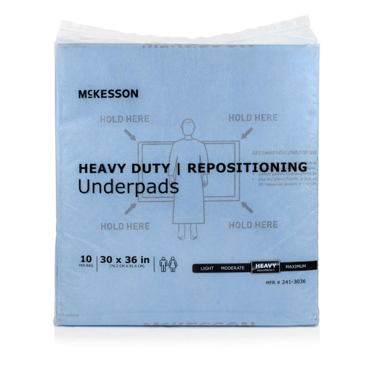 McKesson heavy-duty repositioning underpads, 30 x 36 in pack (10 per bag)