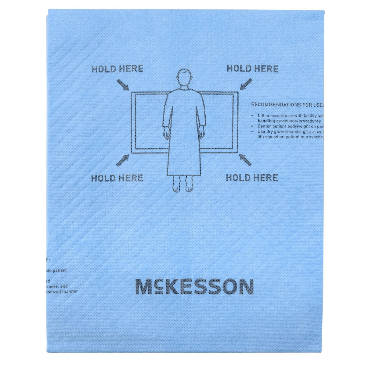 Heavy-duty repositioning underpad with hold-here diagram and McKesson branding