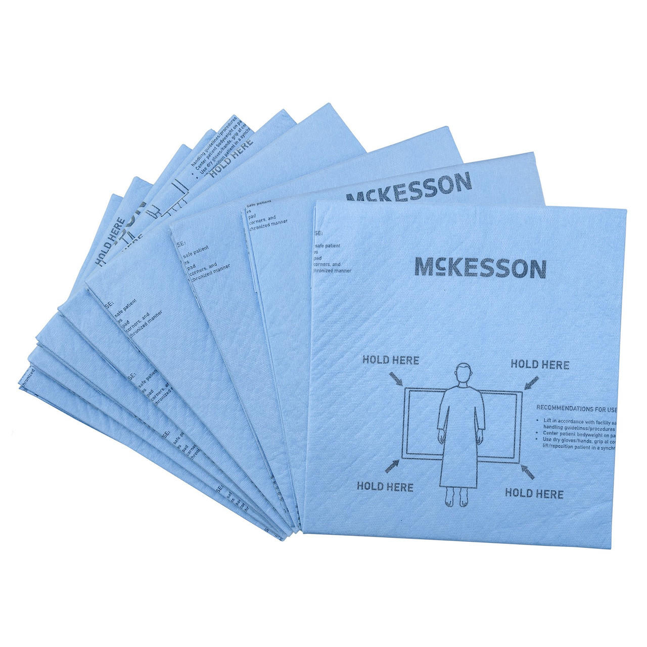 Stack of heavy-duty repositioning underpads, blue with hold-here diagram on top