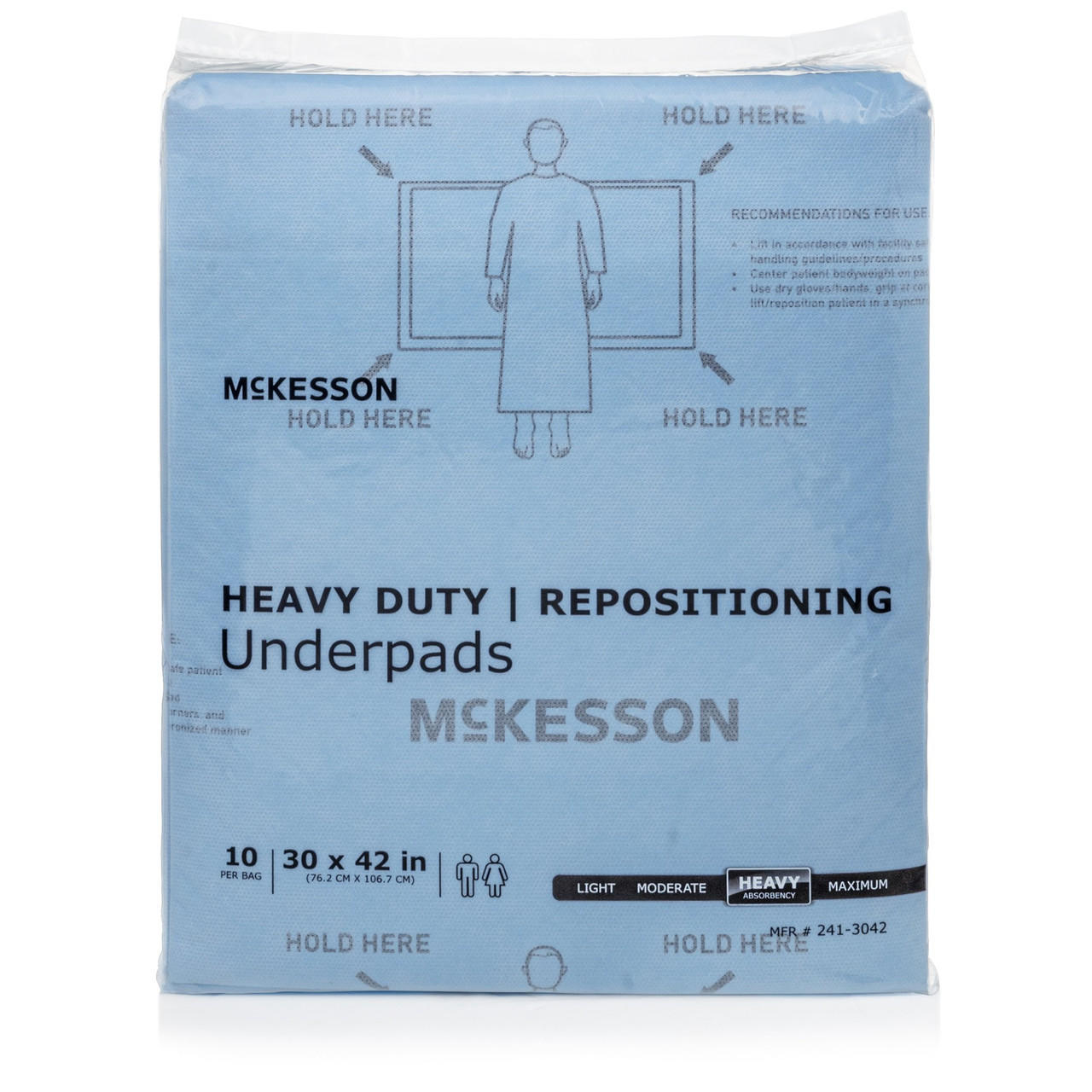 McKesson heavy-duty repositioning underpads, 30 x 42 in pack (10 per bag)