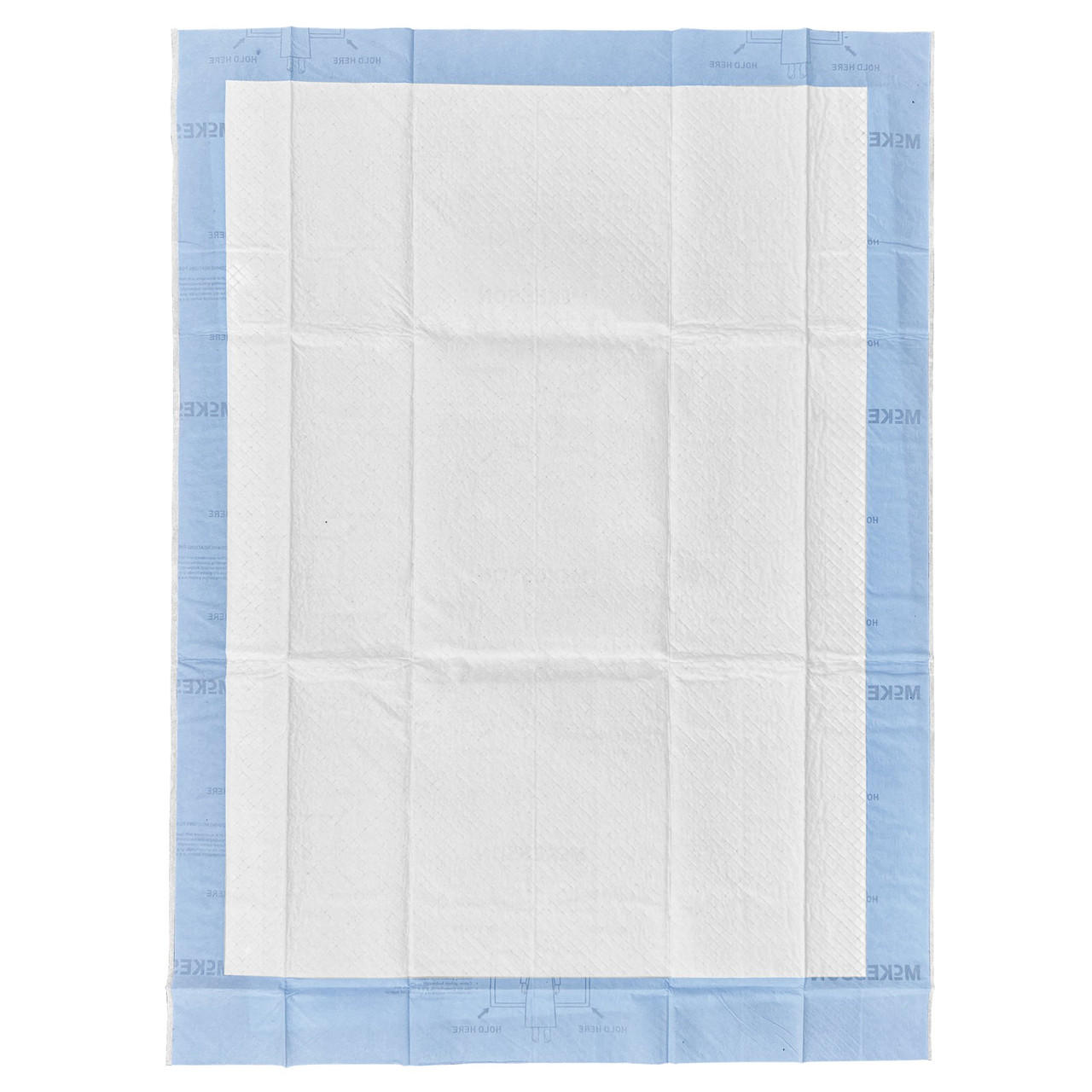 Heavy-duty repositioning underpads sheet pack, white center with blue edges