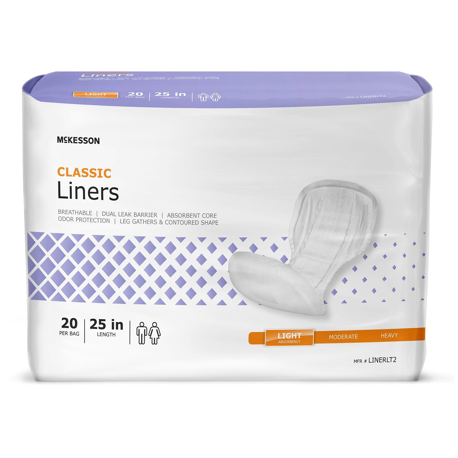 Light incontinence liners, pack of 20; 25 in length disposable pads