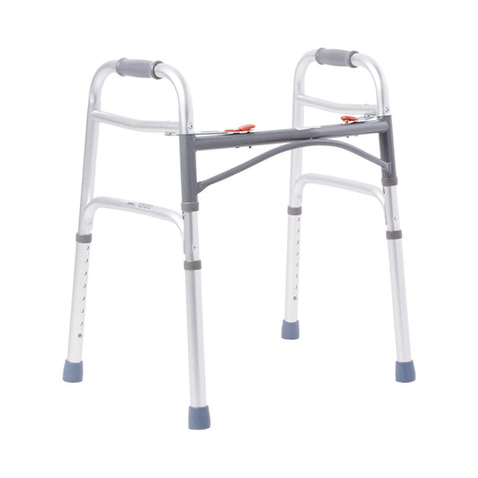 Junior folding walker with white aluminum frame, blue rubber tips, gray hand grips