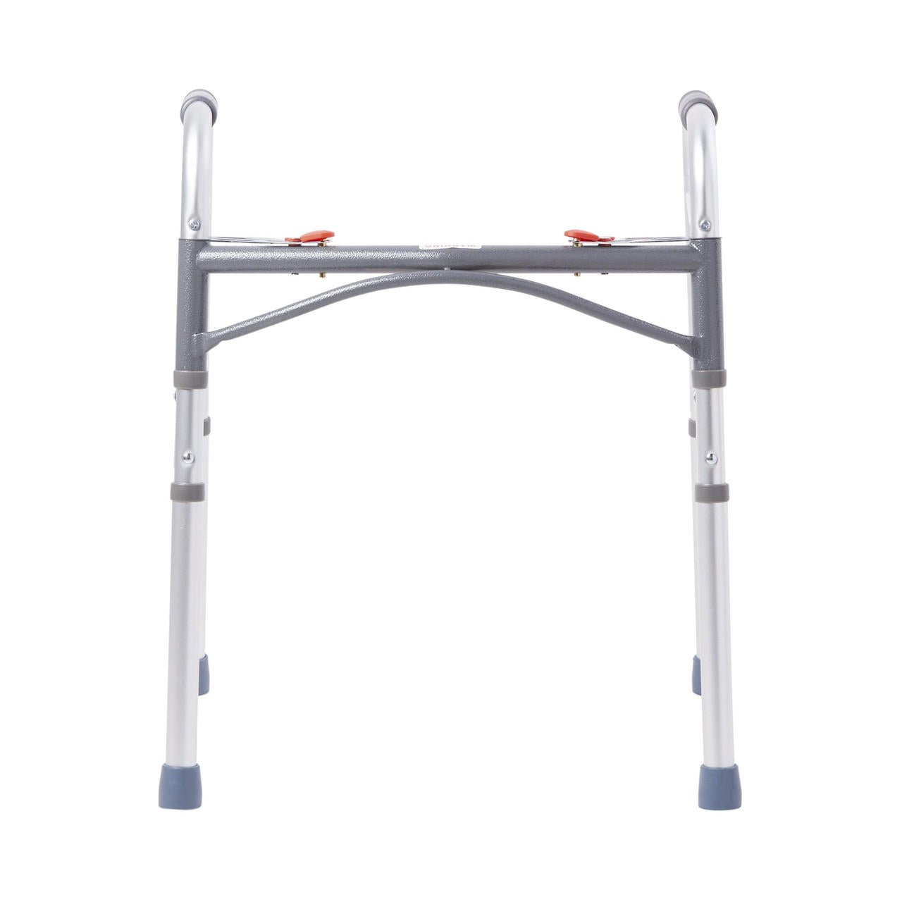 Junior folding walker, white aluminum frame with gray crossbar and blue rubber feet