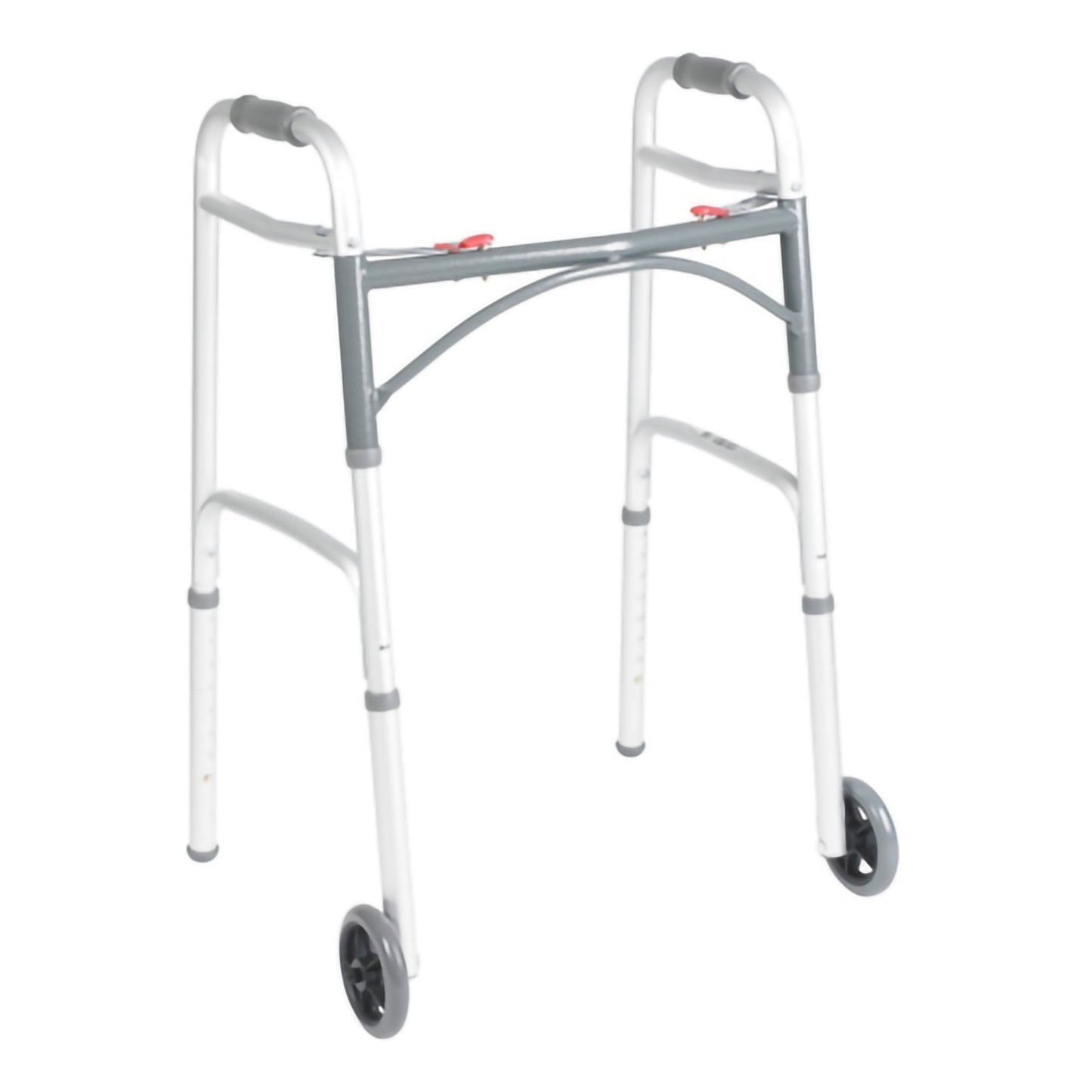 Junior folding walker with wheels, aluminum frame and gray hand grips