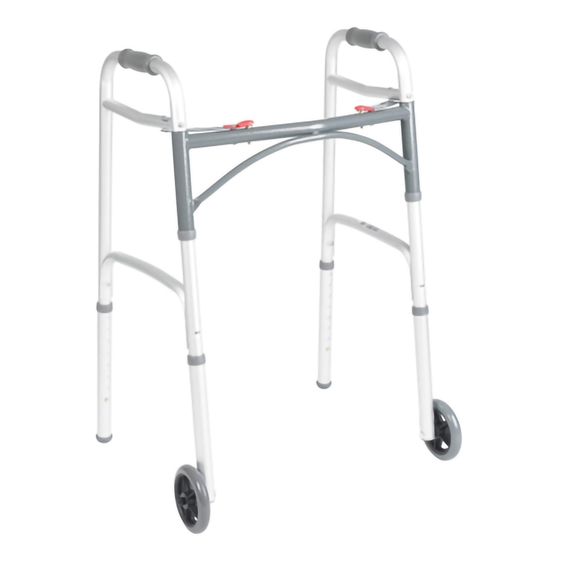 Junior folding walker with wheels, aluminum frame and gray hand grips
