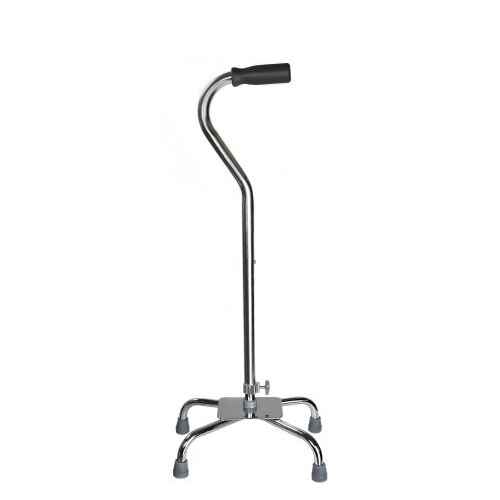 Quad cane with chrome base and four-support feet, curved handle with black grip