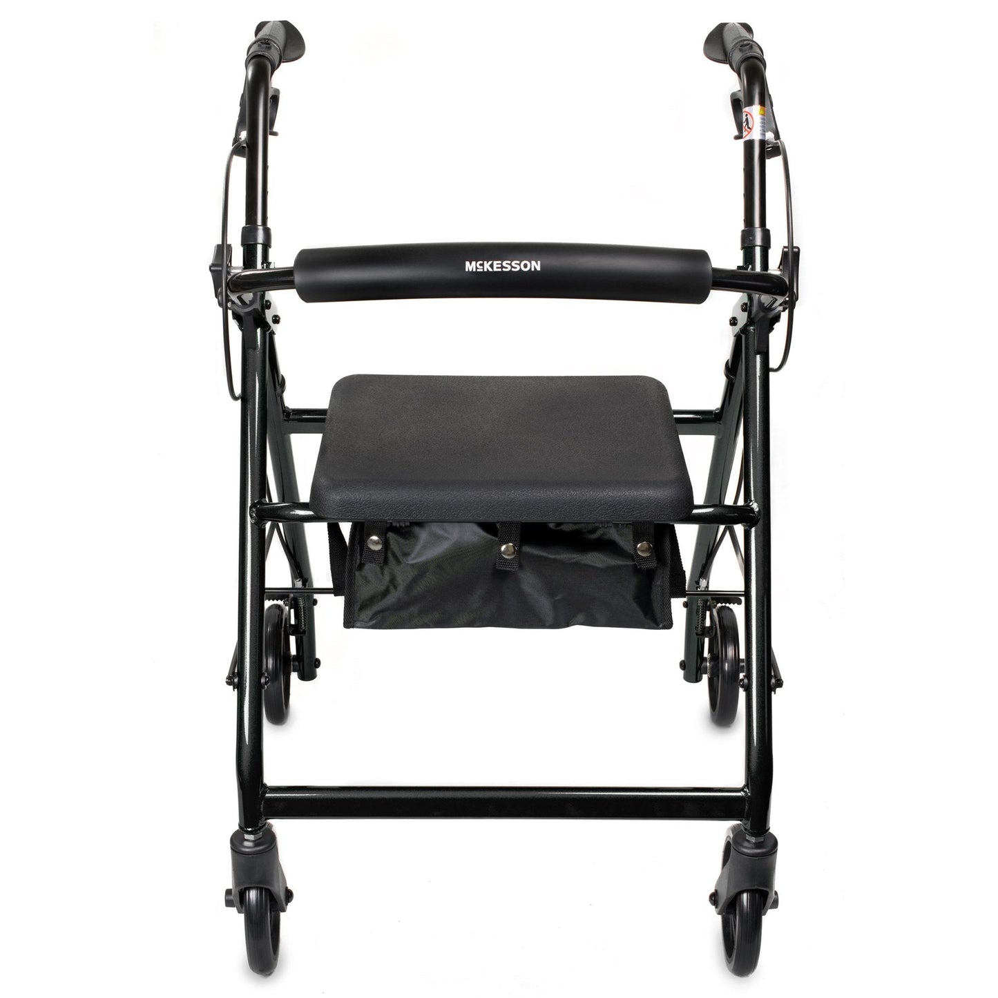 Front view of black 4-wheel rollator walker with padded seat and armrests