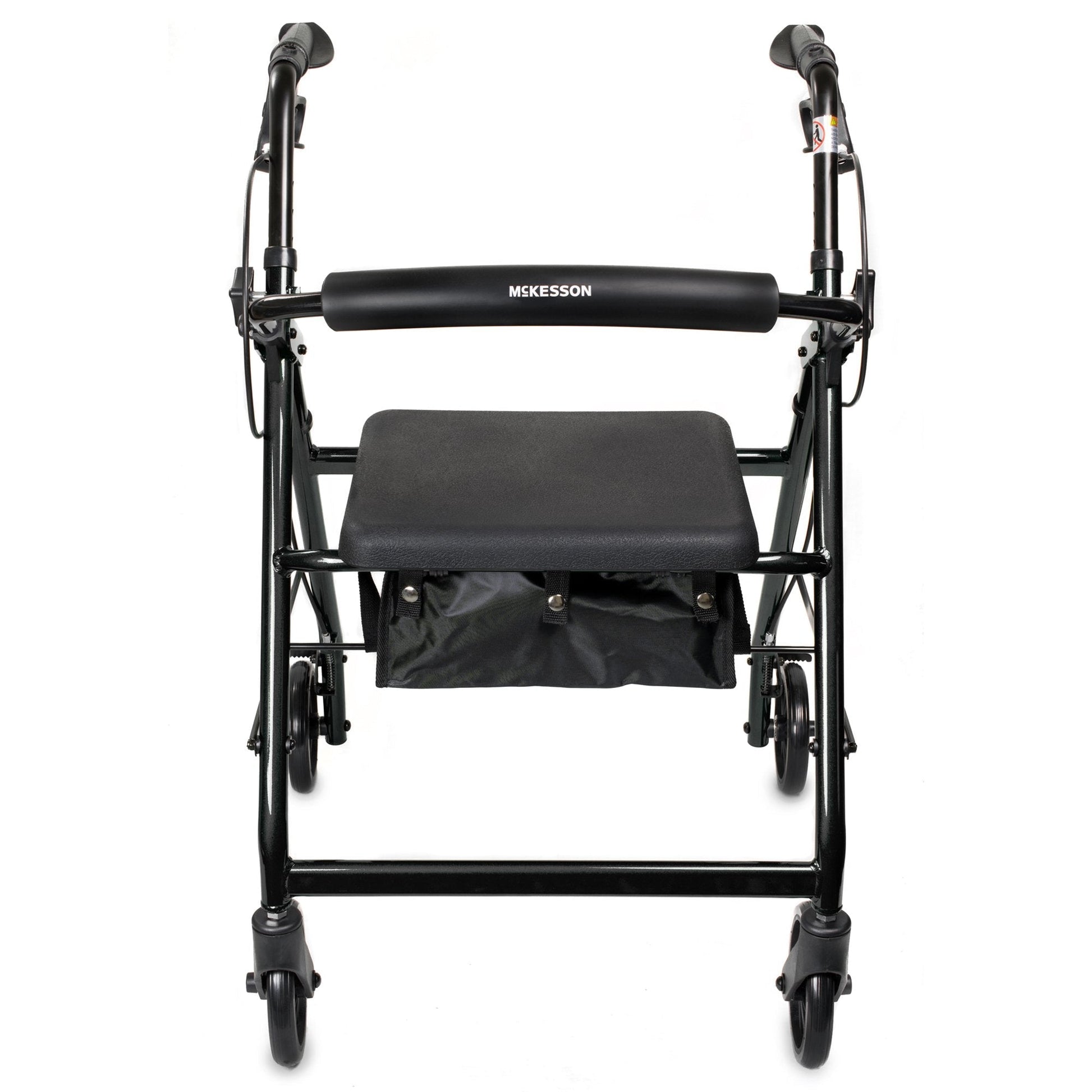 Front view of black 4-wheel rollator walker with padded seat and armrests