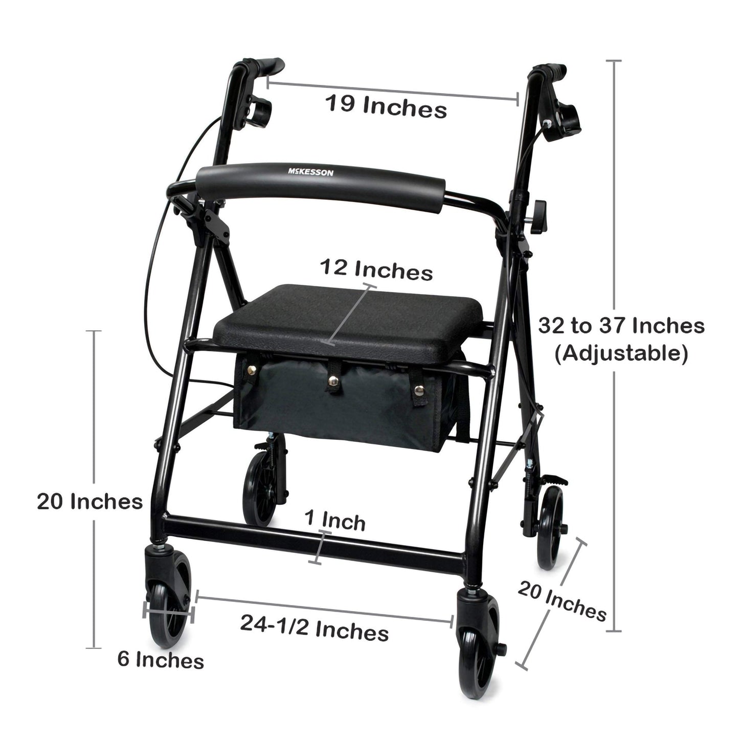 Black 4-wheel rollator walker with adjustable height range and padded seat