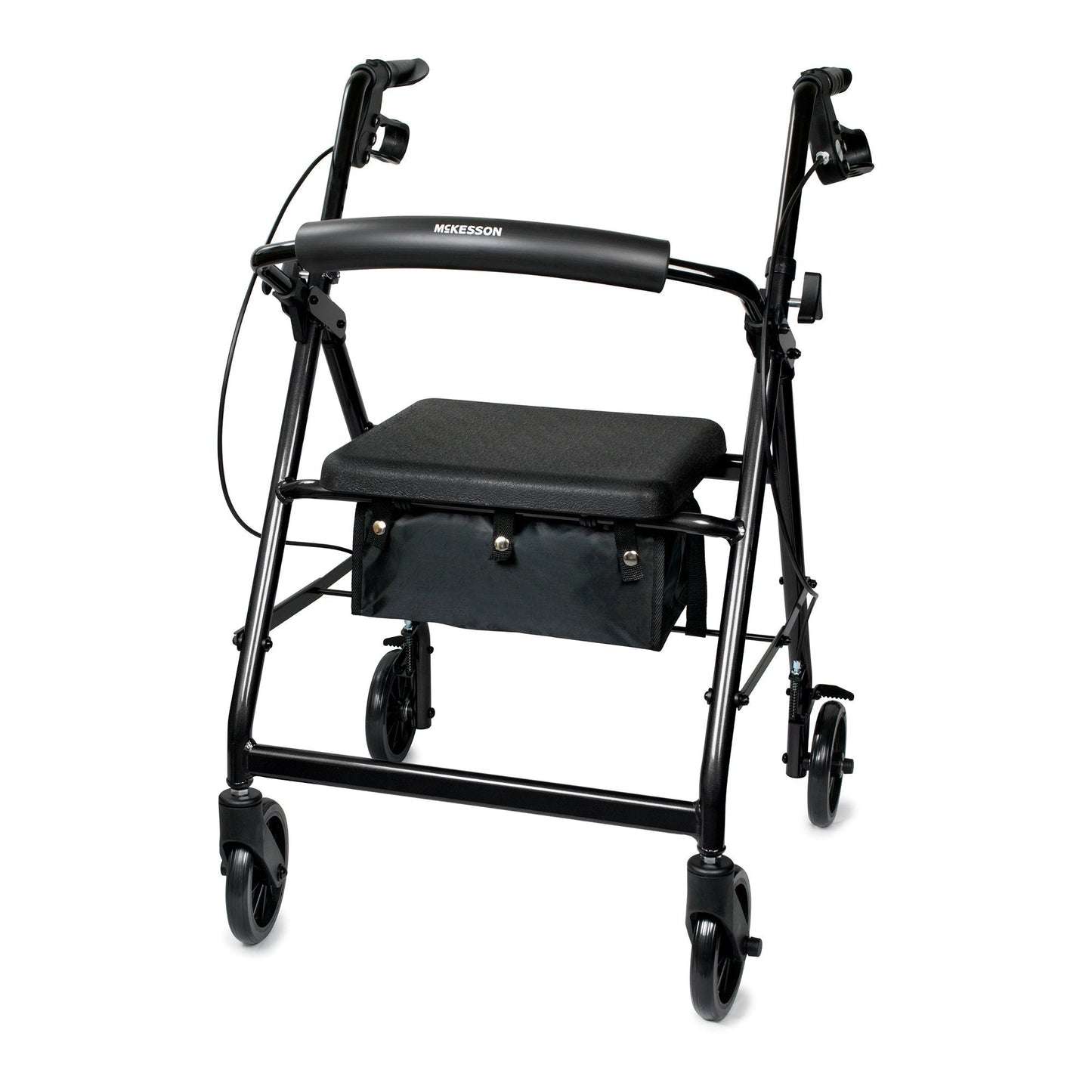 Black 4-wheel rollator walker with padded seat and rear storage pouch