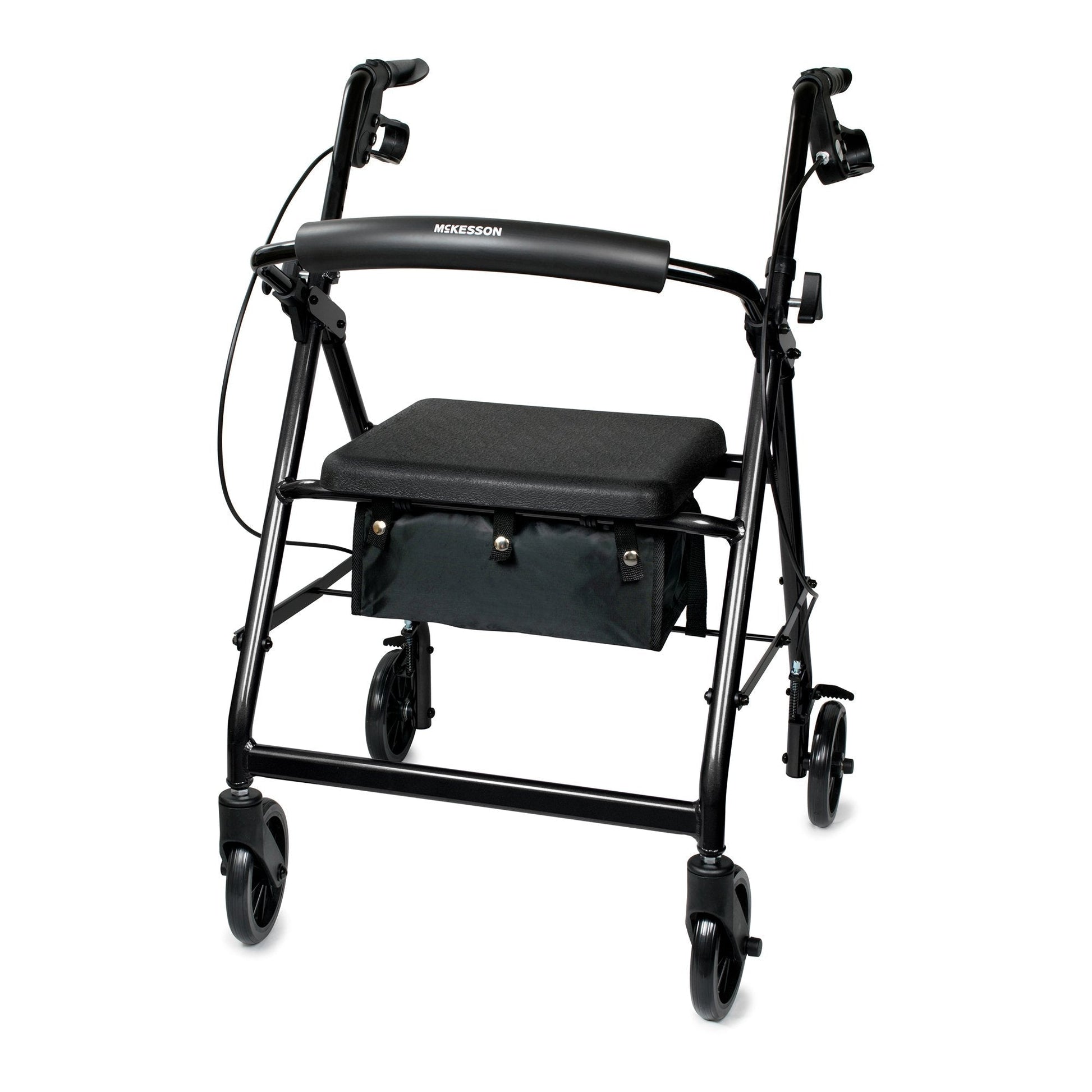 Black 4-wheel rollator walker with padded seat and rear storage pouch
