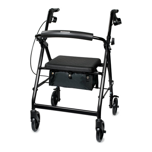 Black 4-wheel rollator walker with padded seat and rear storage pouch