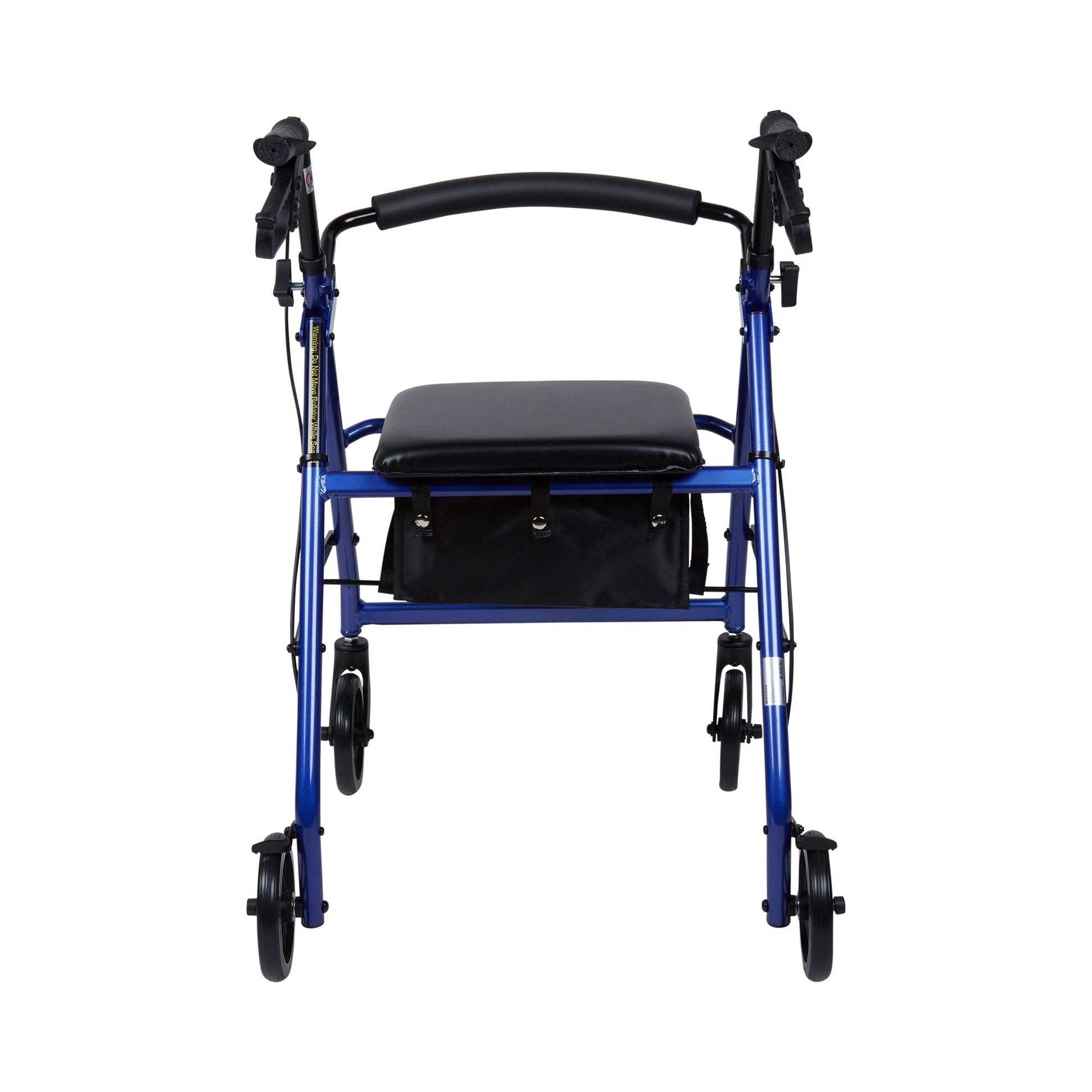 Blue rollator walker, front view: padded seat with black storage pouch and four caster wheels