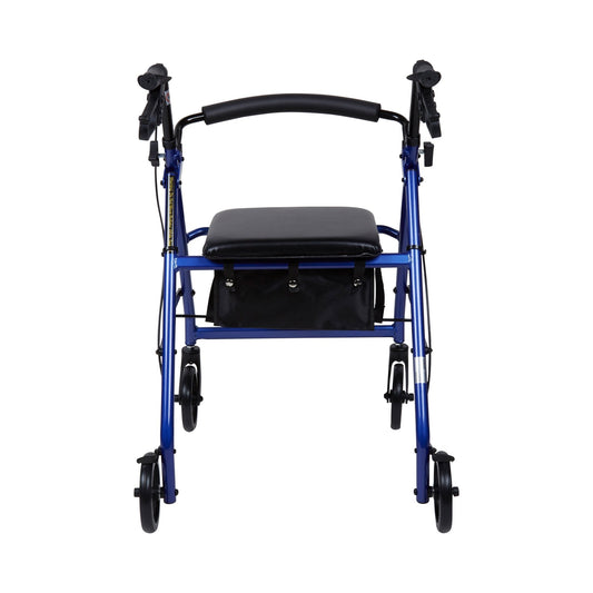 Blue rollator walker, front view: padded seat with black storage pouch and four caster wheels