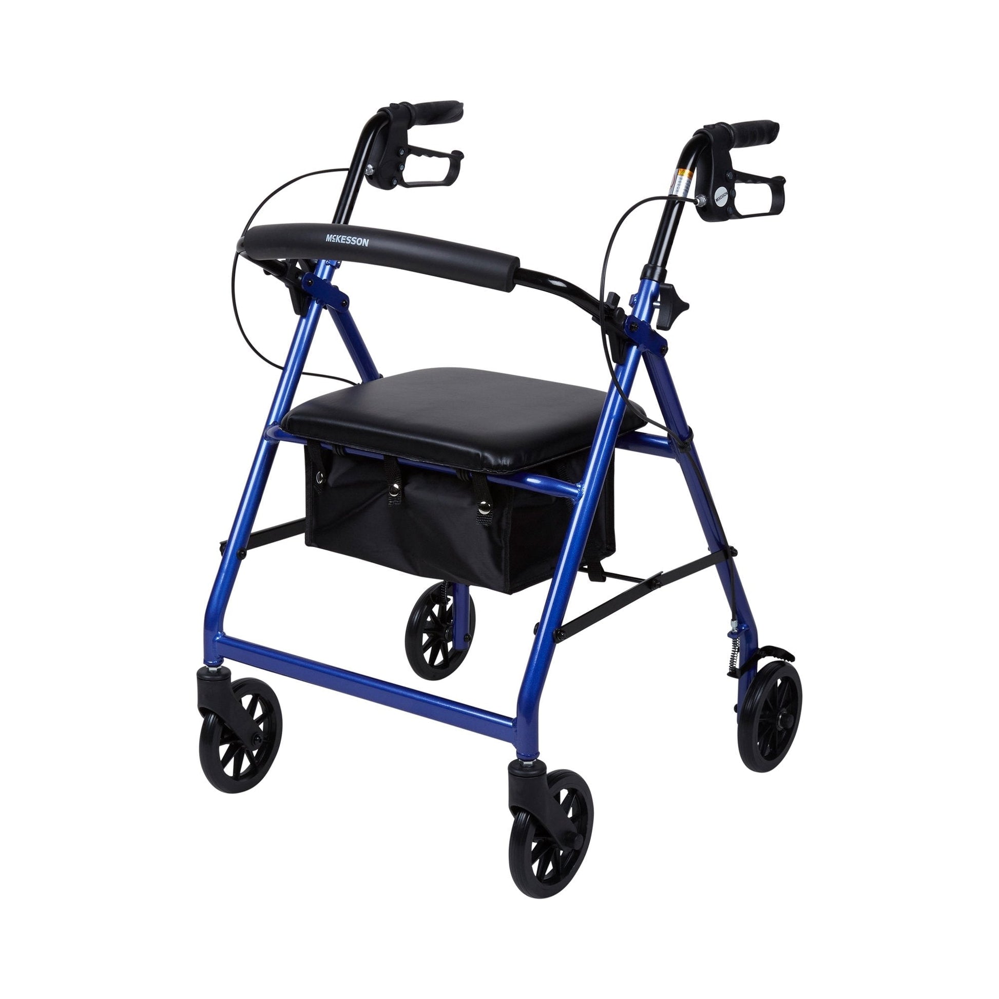 Blue rollator walker side view with black padded seat and attached under-seat storage basket