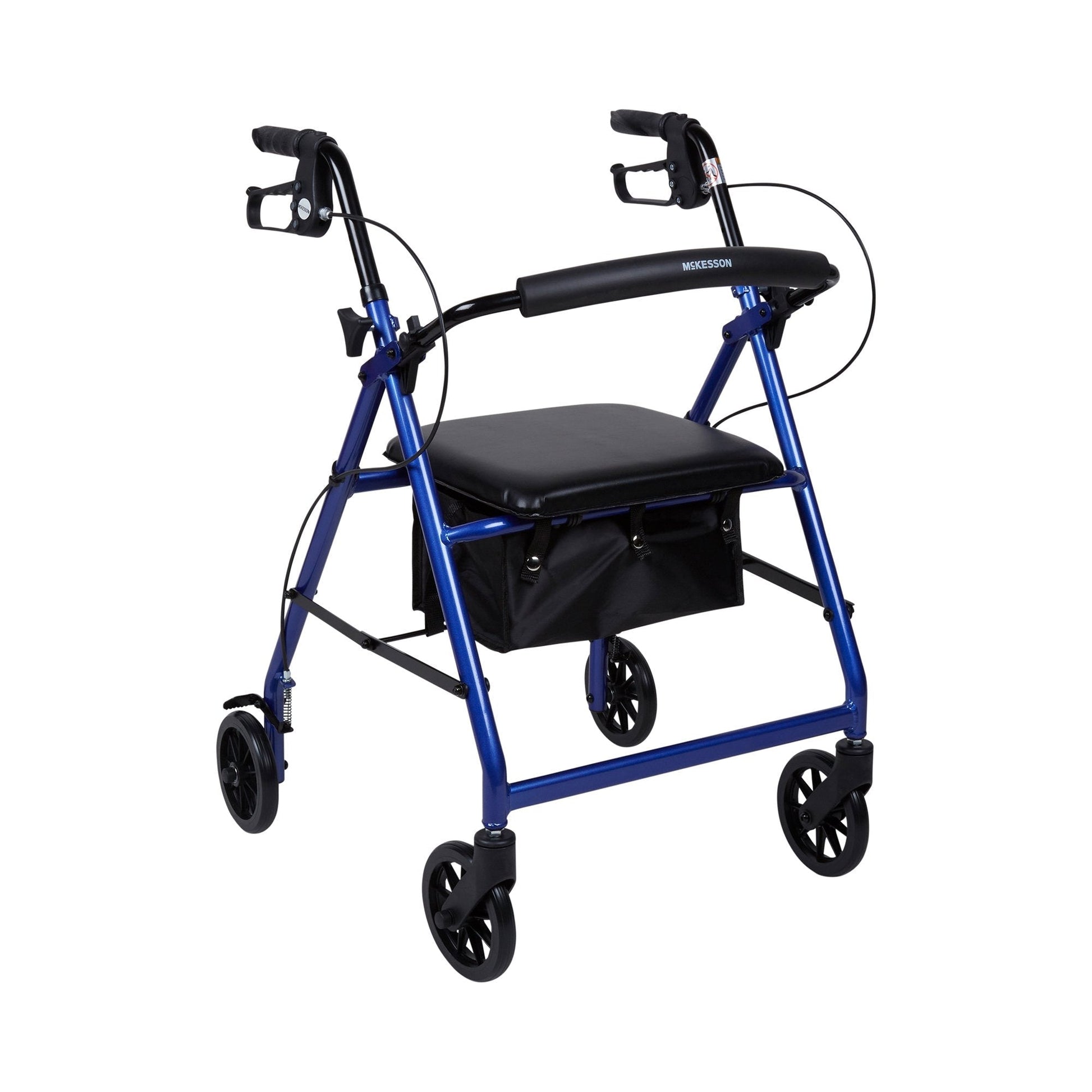 Blue 4-wheel rollator walker with black padded seat, handle grips, and under-seat storage bag