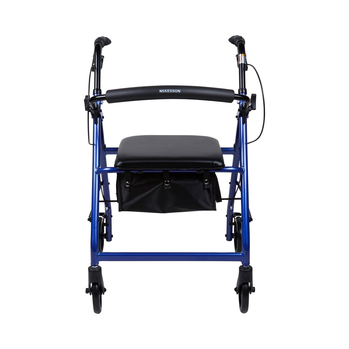 Blue rollator walker front view with padded seat, black storage bag, and curved armrests