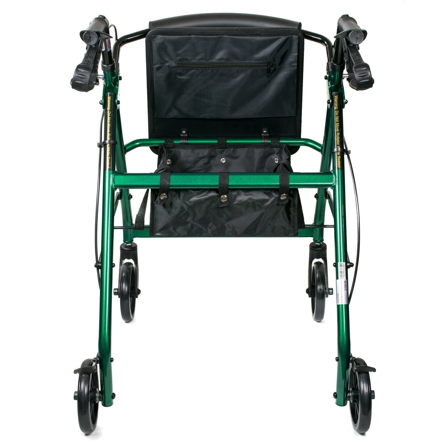 Back view of green rollator walker with black seat cushion and large zip storage bag