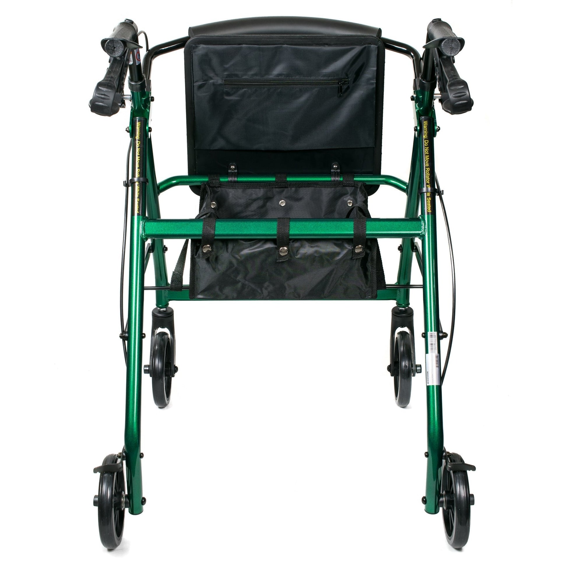 Back view of green rollator walker with black seat cushion and large zip storage bag