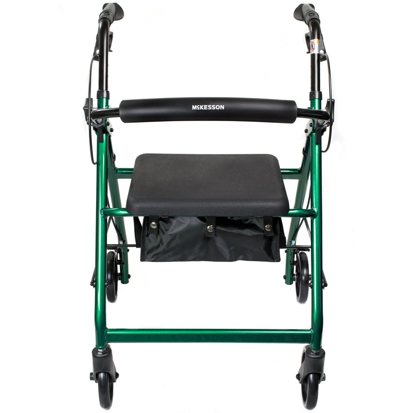 Front view of green 4-wheel rollator with padded seat and black handle grips