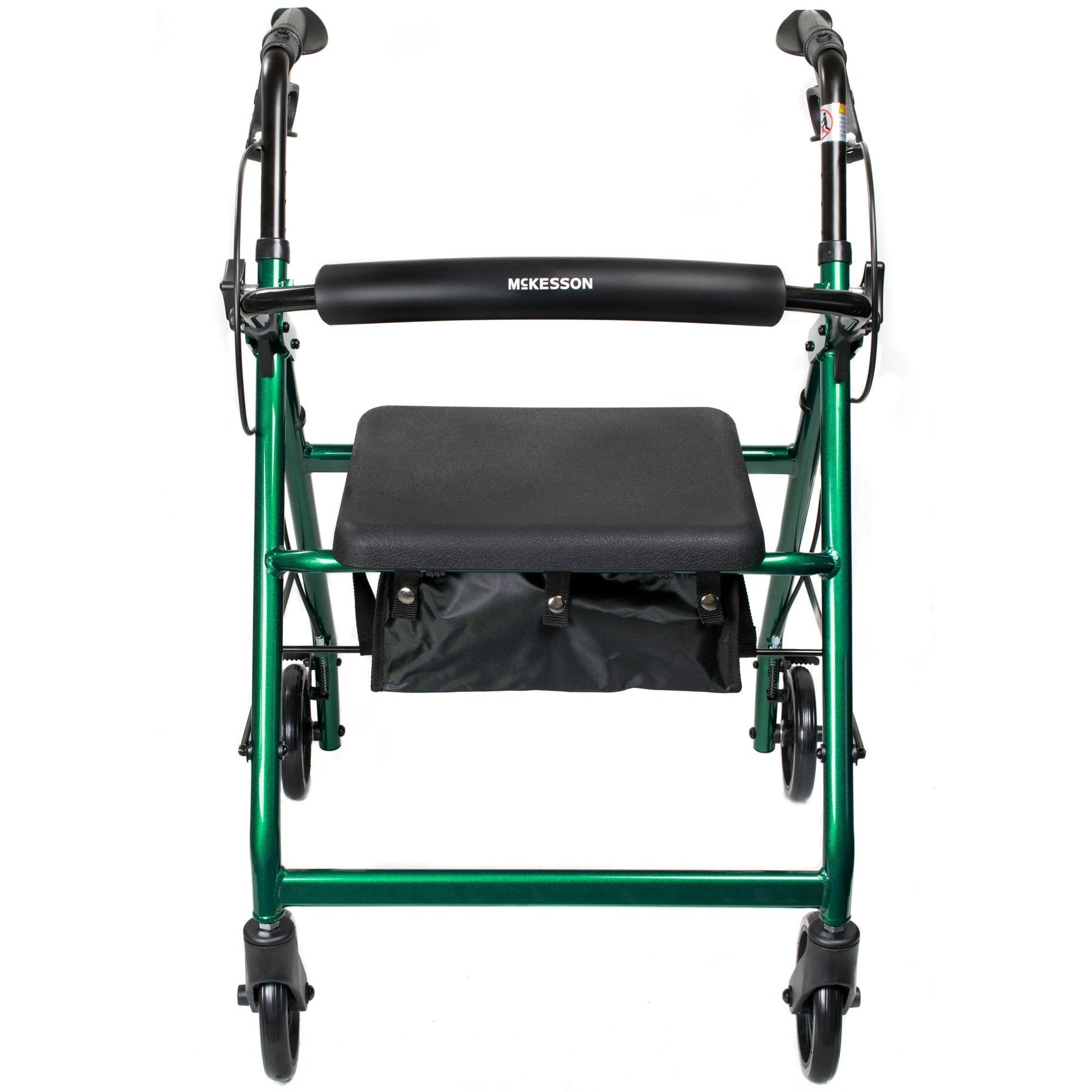 Front view of green 4-wheel rollator with padded seat and black handle grips
