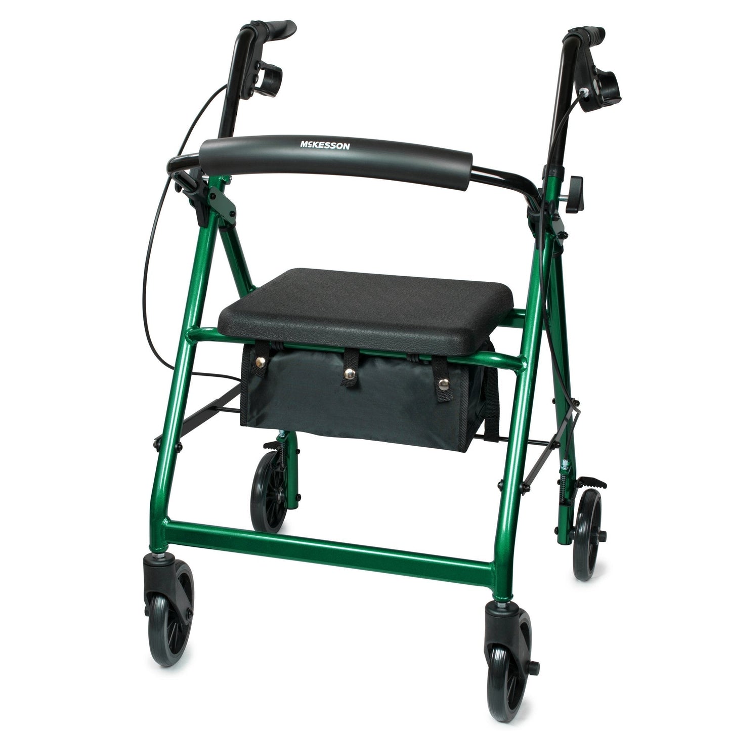 Green 4-wheel rollator with padded seat, black handles, and under-seat storage pouch