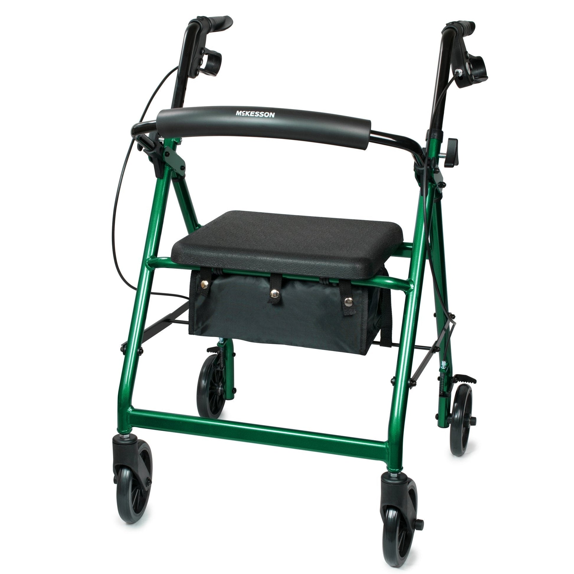 Green 4-wheel rollator with padded seat, black handles, and under-seat storage pouch