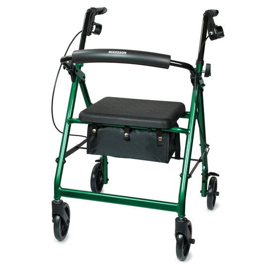 Green 4-wheel rollator with padded seat, black handles, and under-seat storage pouch