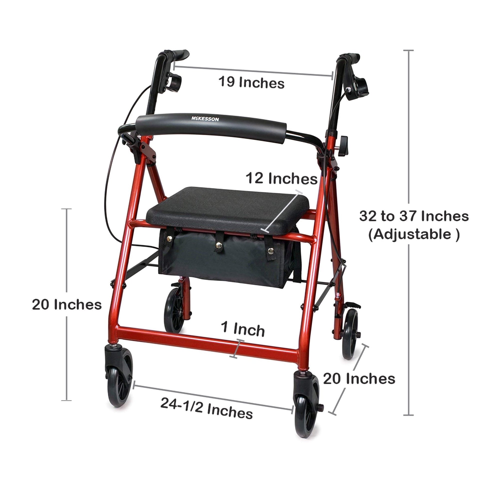Adjustable-height red rollator with padded black seat, armrests, and storage bag