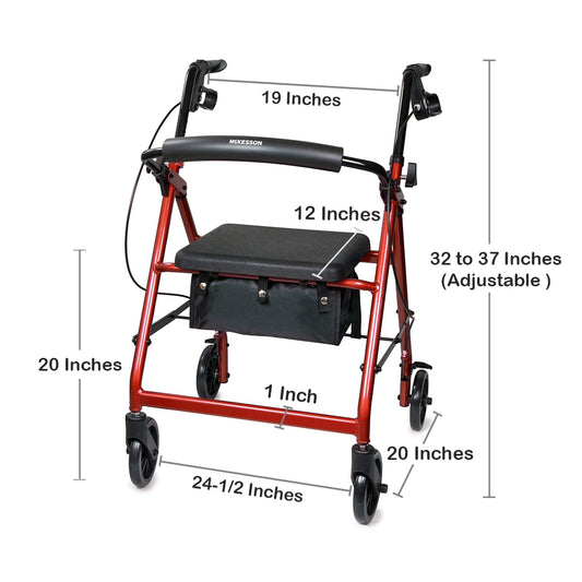 Adjustable-height red rollator with padded black seat, armrests, and storage bag