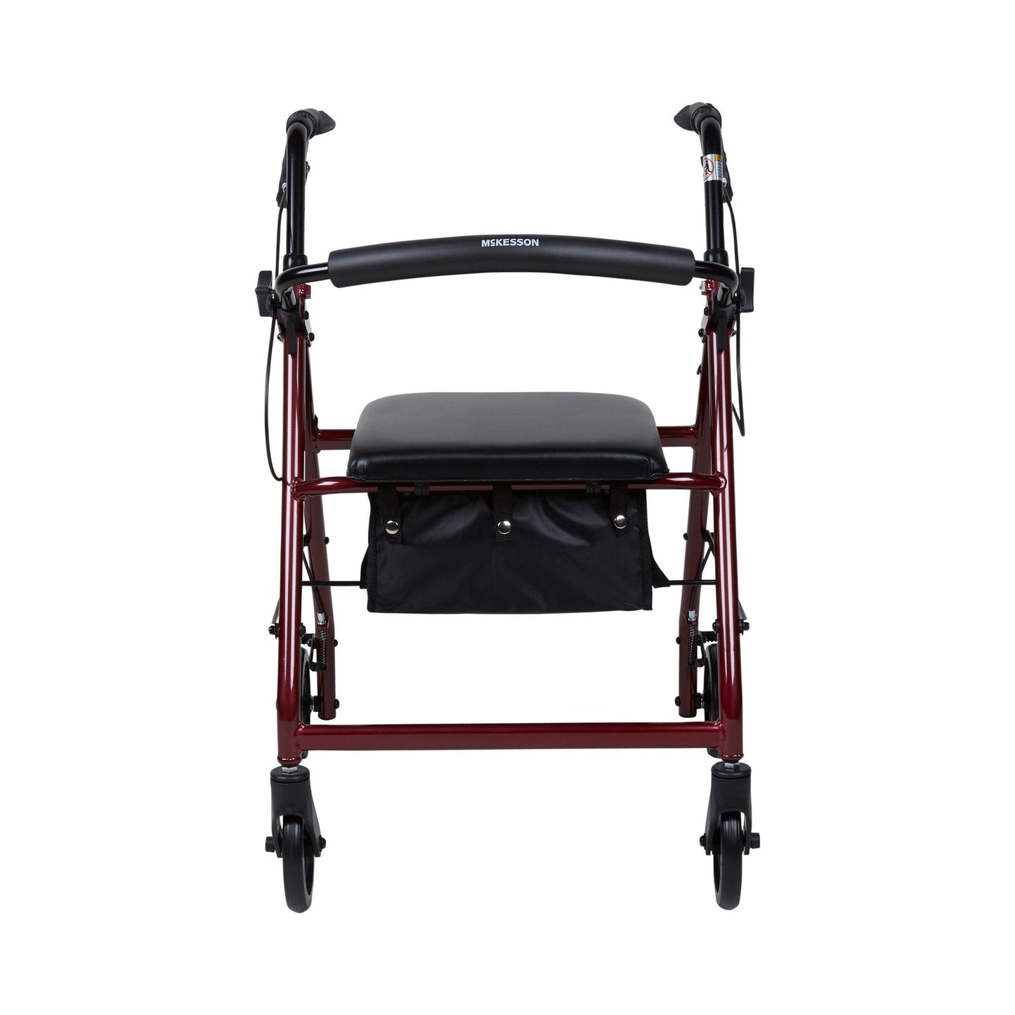 Front view red rollator walker with black padded seat and black storage pouch