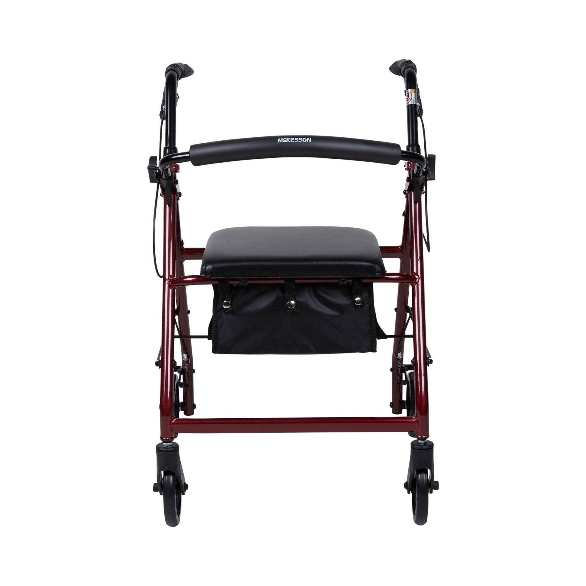 Front view red rollator walker with black padded seat and black storage pouch