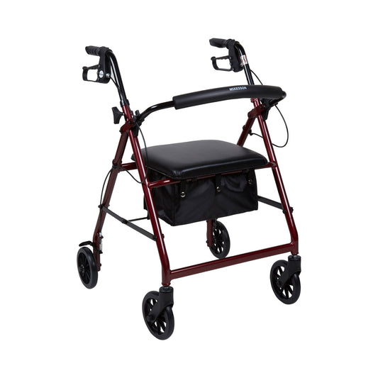 Red 4-wheel rollator walker with padded black seat and under-seat storage bag