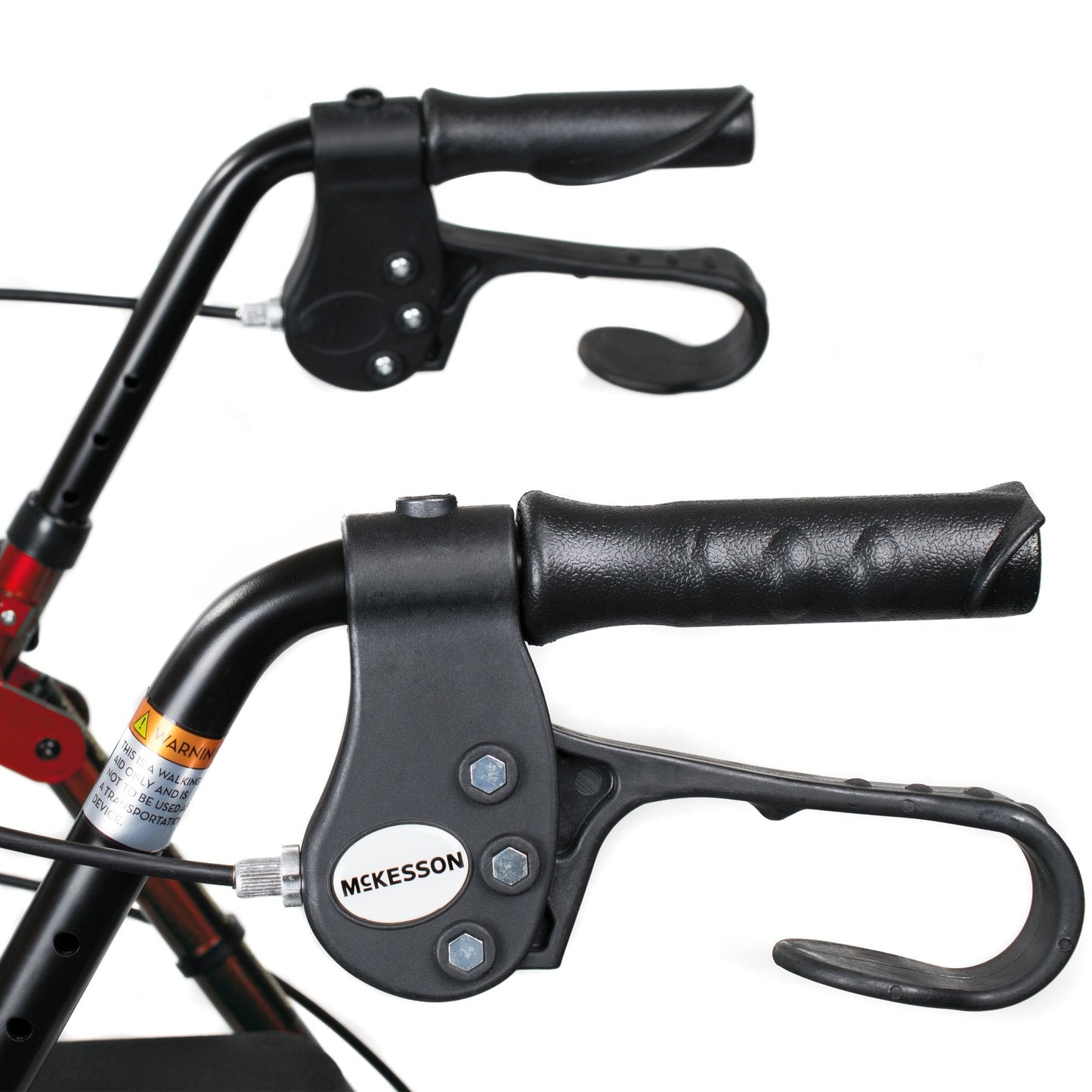 Black hand grips and brake lever on the handlebar of a red rollator walker