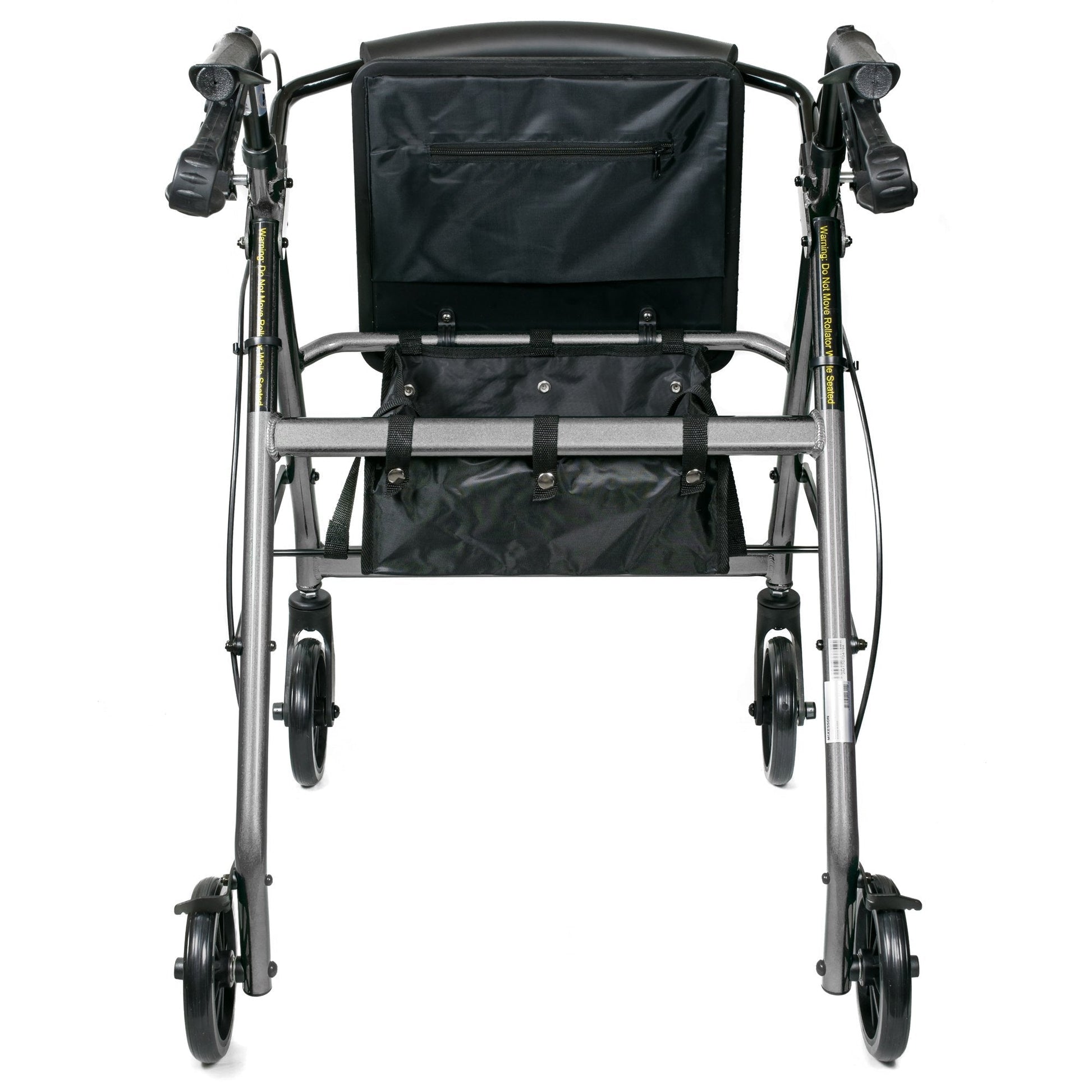 Back view of 4-wheel rollator walker with black fabric pouch under padded seat