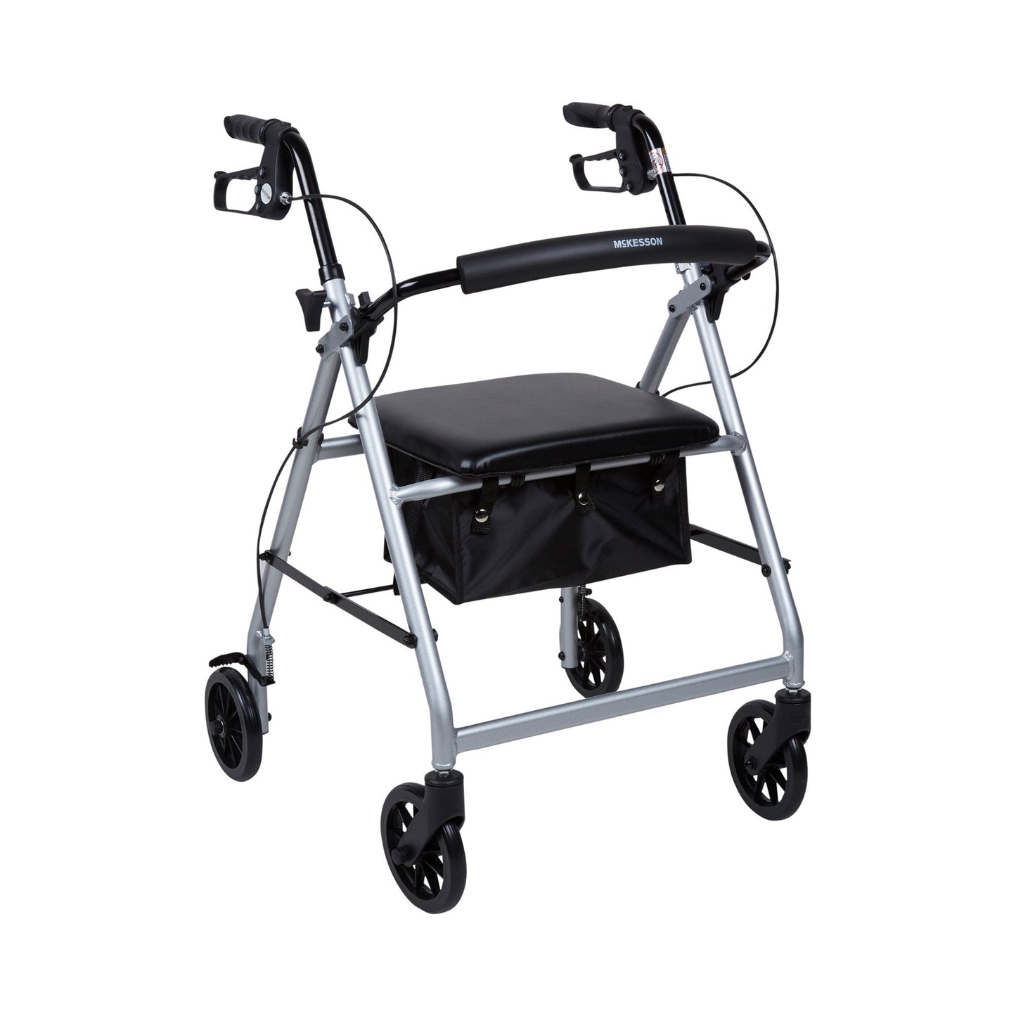Lightweight 4-wheel rollator walker with black padded seat and attached storage bag