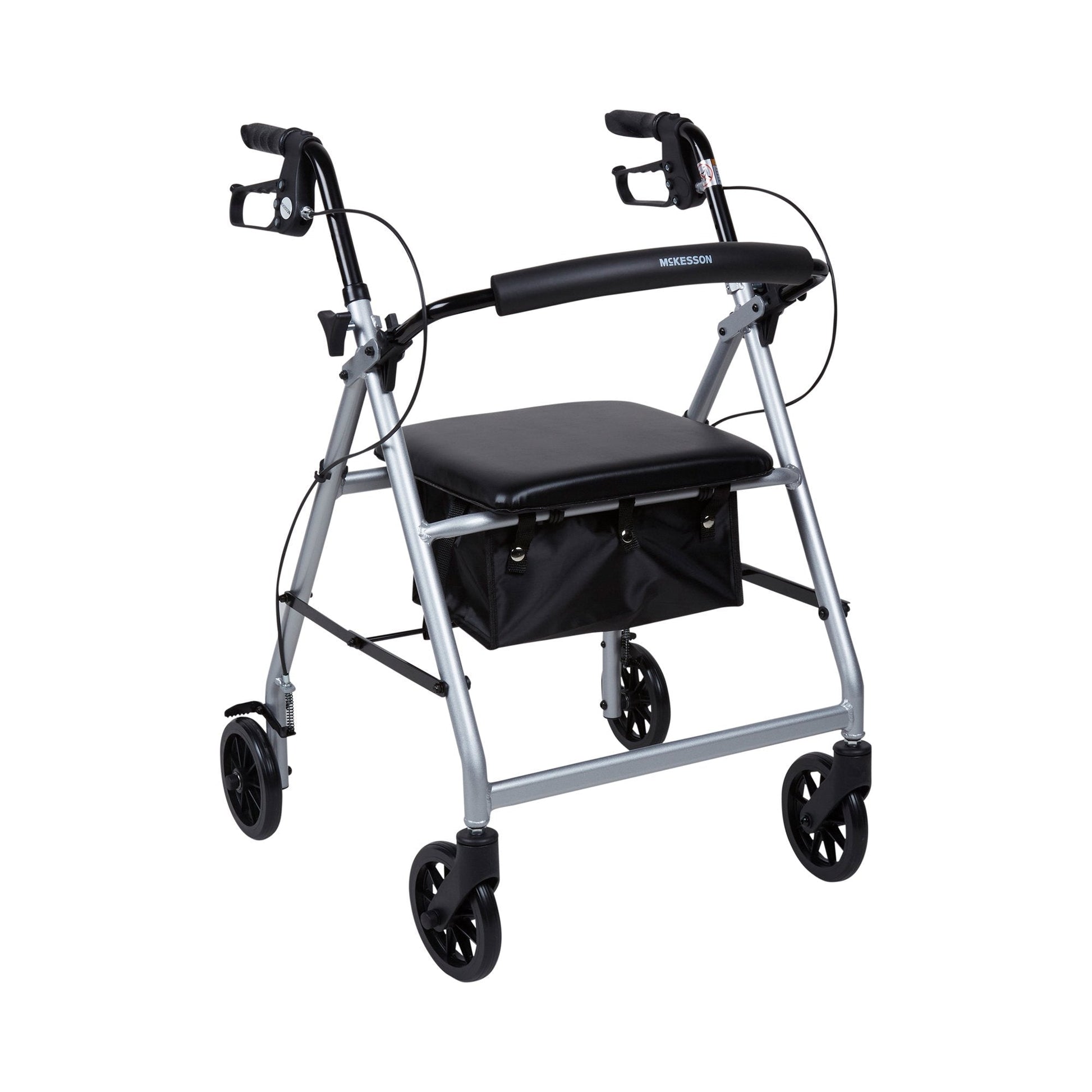 Lightweight 4-wheel rollator walker with black padded seat and attached storage bag