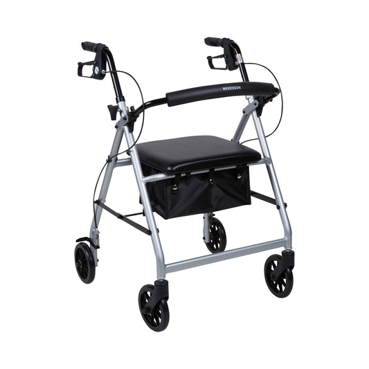 Lightweight 4-wheel rollator walker with black padded seat and attached storage bag