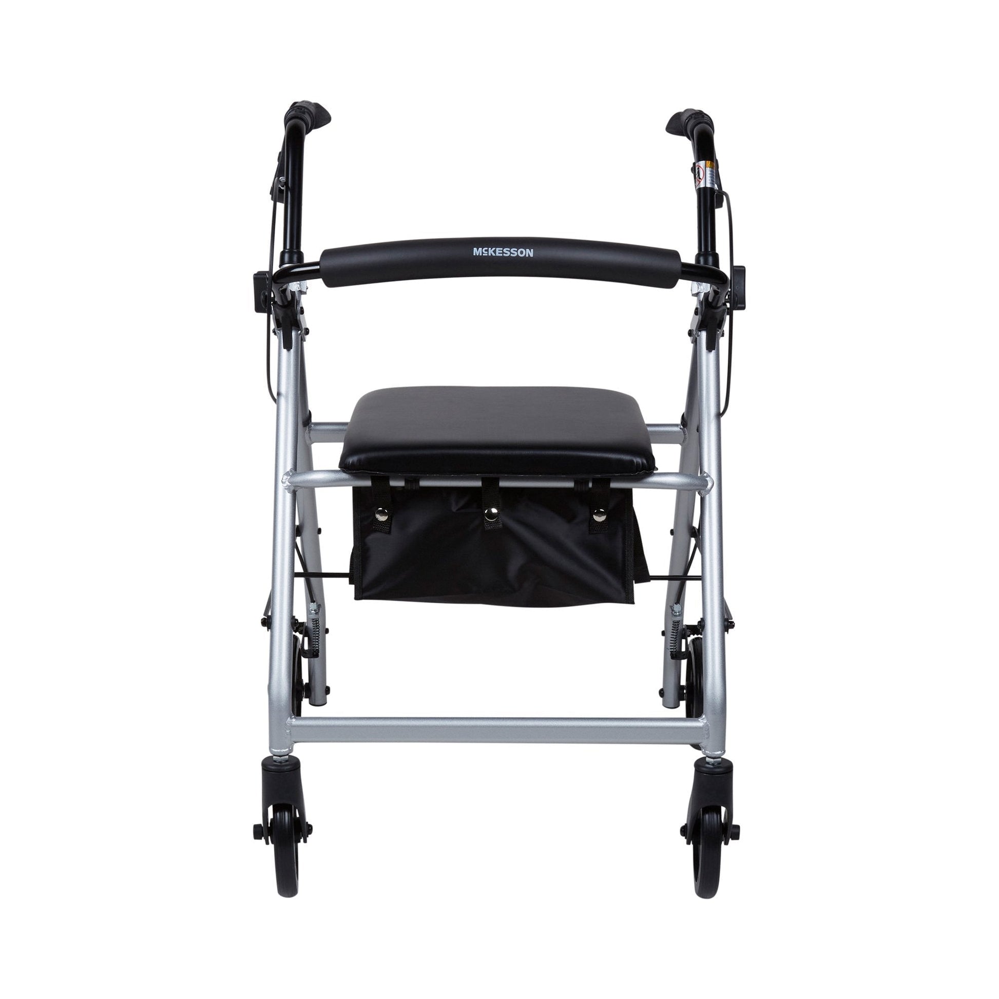 Front view of 4-wheel rollator walker with black seat pad and front storage pouch