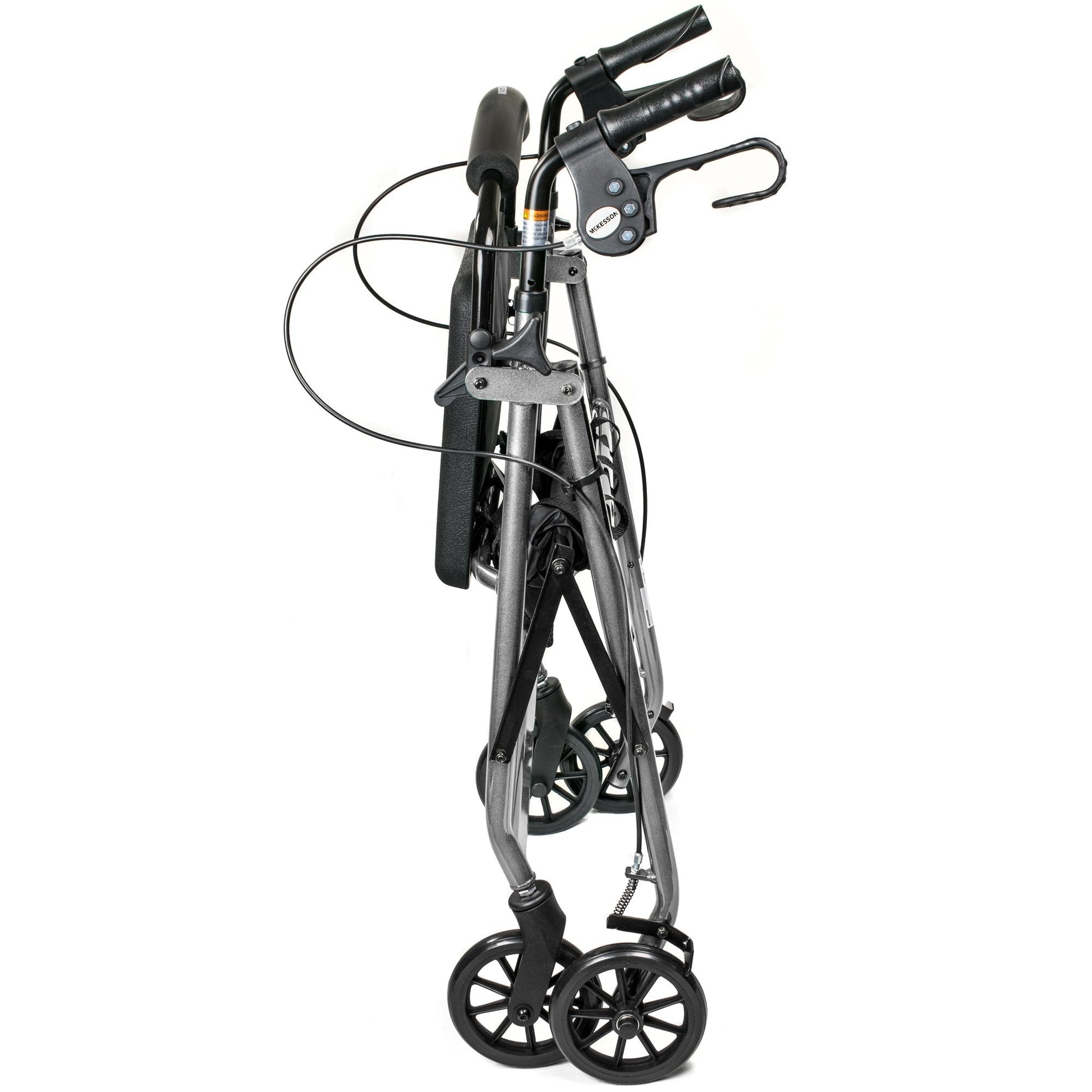 Side view of lightweight 4-wheel rollator walker with padded handle grips and seat