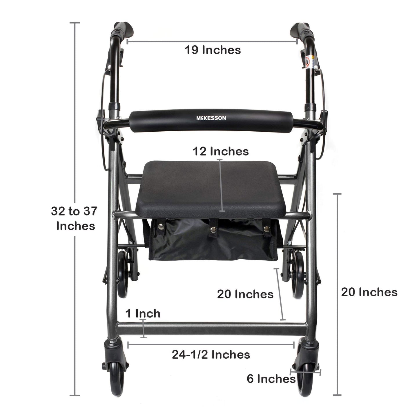 Rollator walker dimensions view: black cushioned seat on silver 4-wheel frame