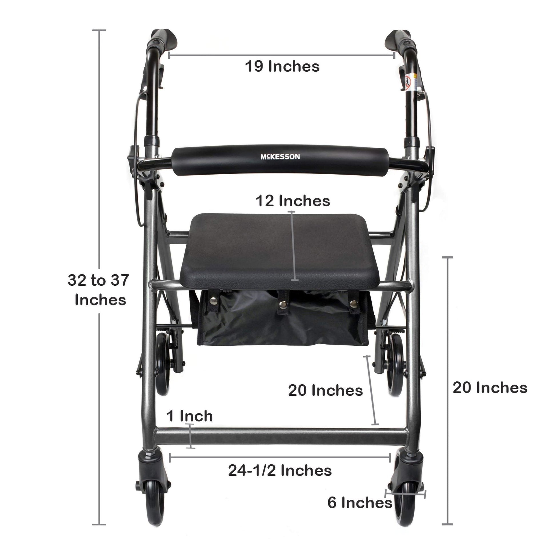Rollator walker dimensions view: black cushioned seat on silver 4-wheel frame
