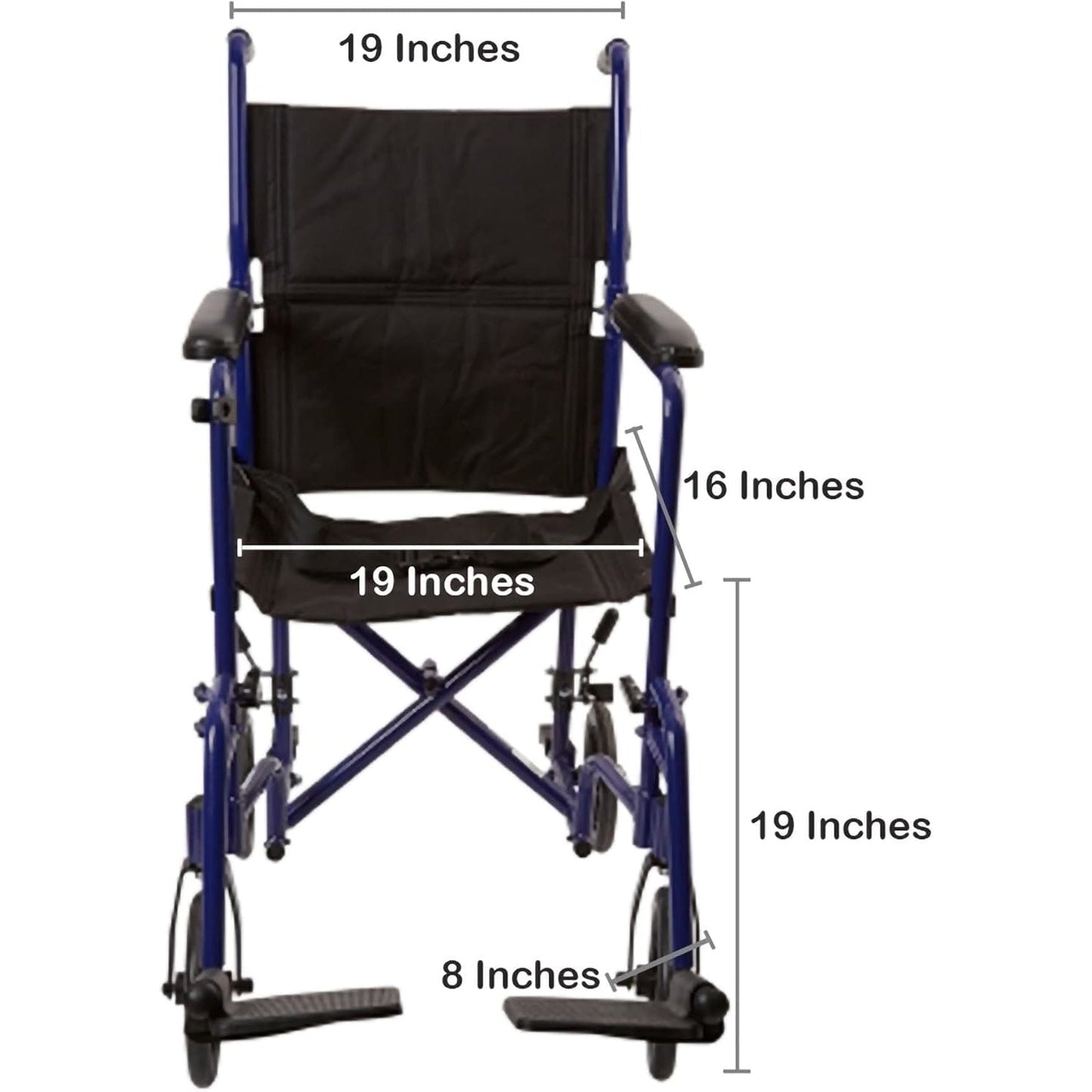 Lightweight transport chair front view with labeled dimensions (19 in) and black seat