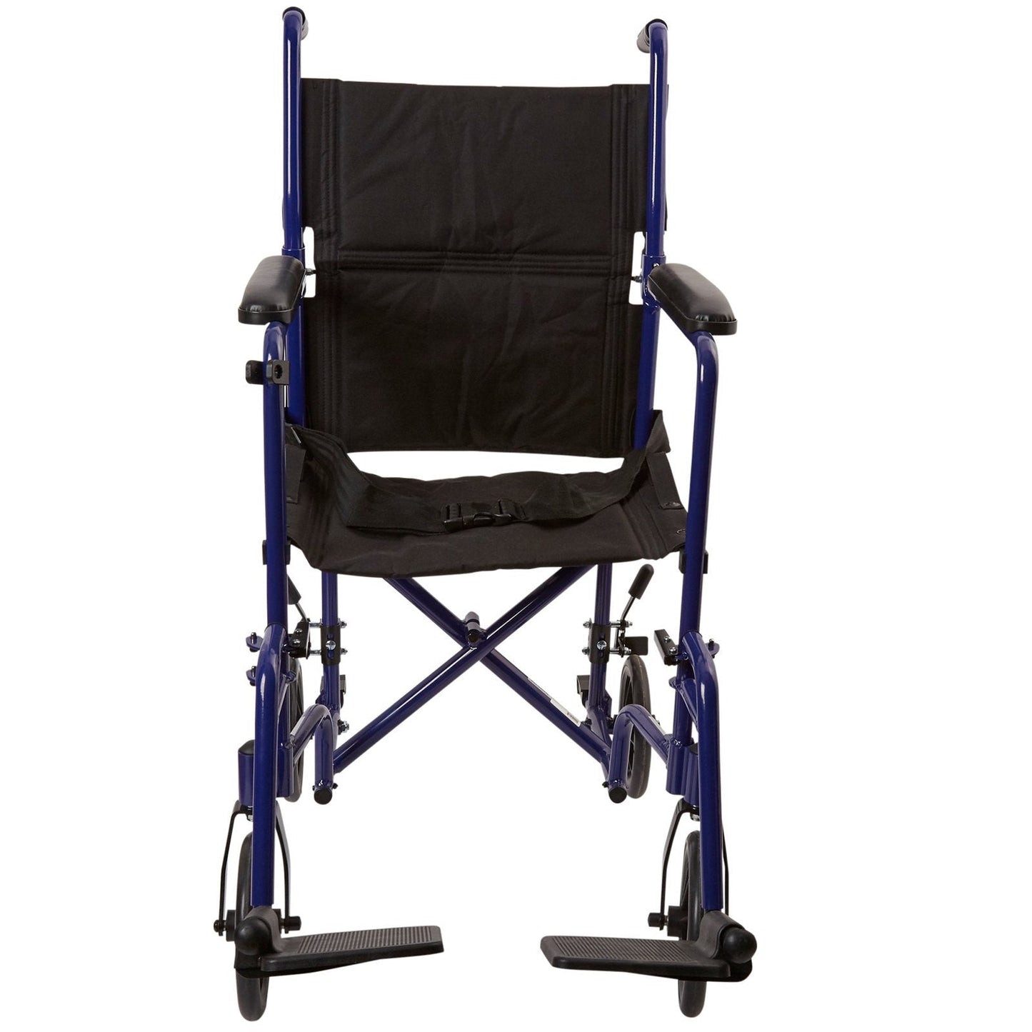 Lightweight transport chair rear view with blue frame and black padded backrest and seat