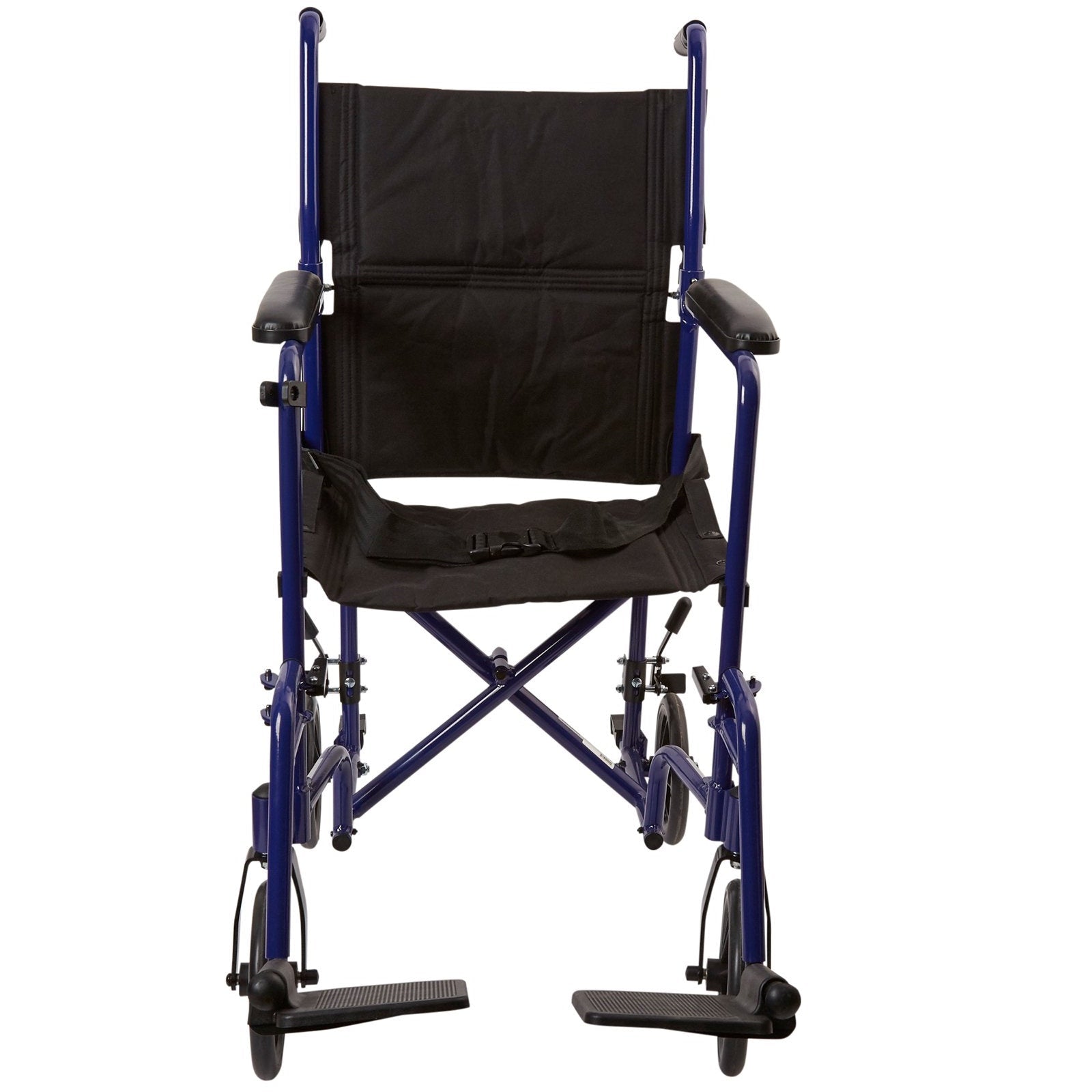 Lightweight transport chair rear view with blue frame and black padded backrest and seat