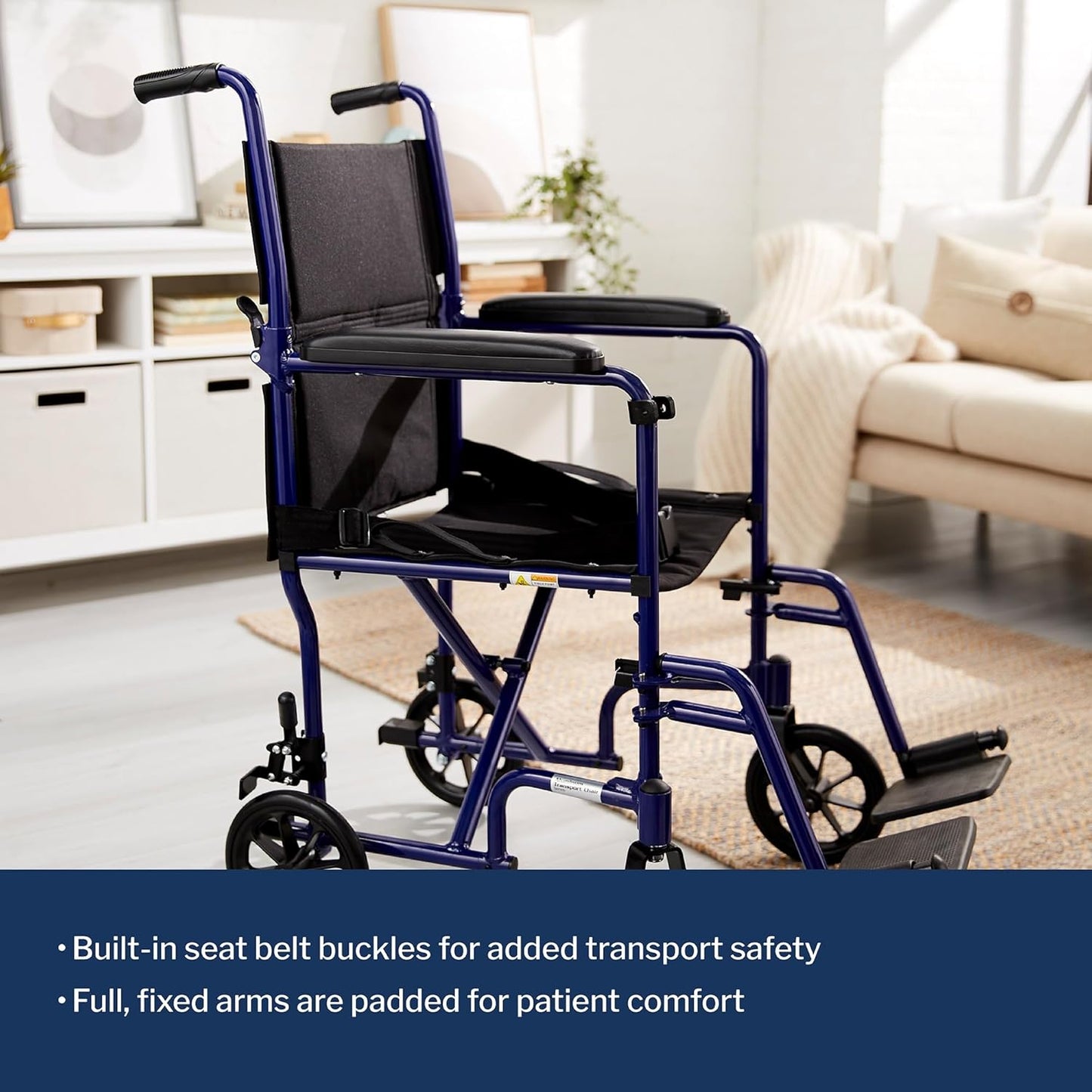 Transport chair with blue frame, built-in seat belt buckles, and padded fixed arms
