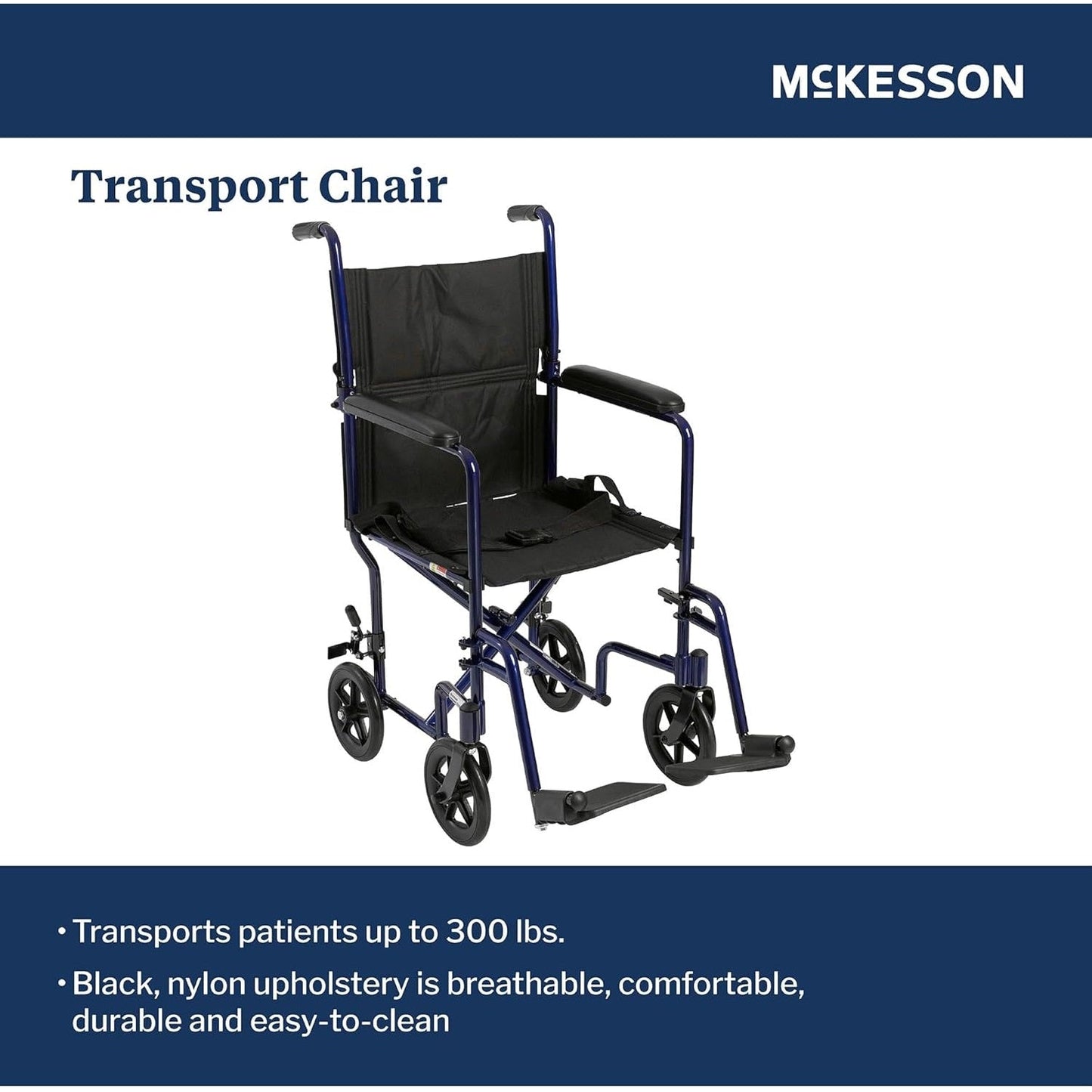Transport chair with blue frame, black padded seat and backrest, and swing-away armrests