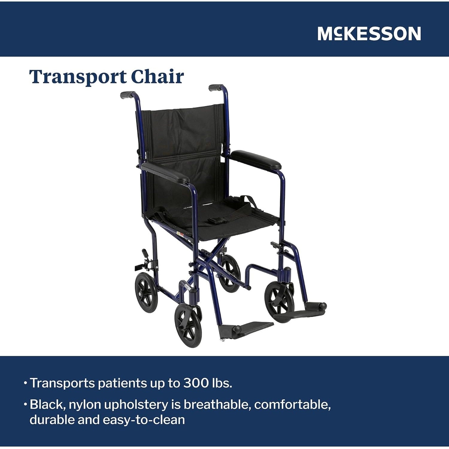 Transport chair with blue frame, black padded seat and backrest, and swing-away armrests